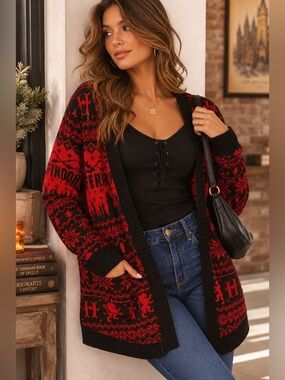 Harry Potter Gryffindor Fair Isle Red Black Open Front Knit Cardigan‎ Sweater